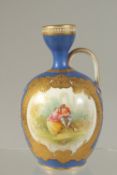 AN ENGLISH EWER, painted with a couple in a Greek key panel, on a blue ground, probably Minton.