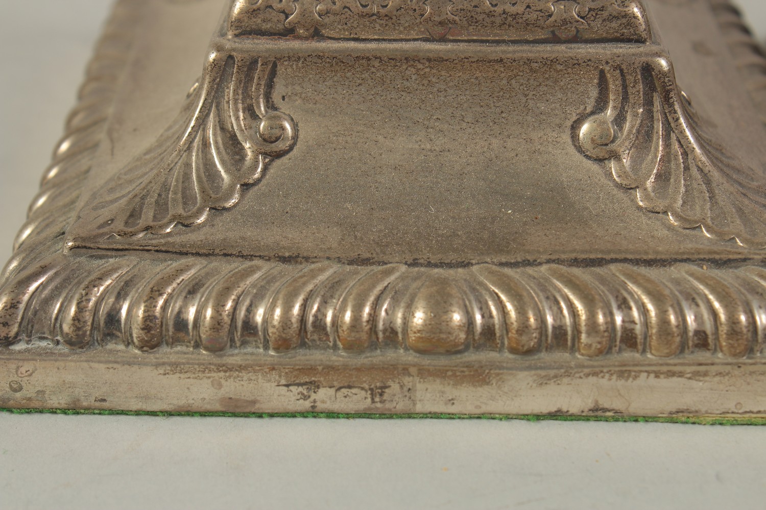 A GOOD PAIR OF VICTORIAN SILVER CORINTHIAN COLUMN CANDLESTICKS on square loaded bases. 13ins high. - Image 5 of 5