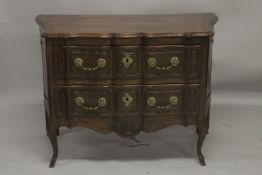 A GOOD 19TH CENTURY ITALIAN TWO DRAWER COMMODE of serpentine outline, heavy brass handles and