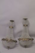 A PAIR OF CRYSTAL BEAD BAG CHANDELIERS. 2ft 8ing long.
