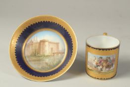 A FINE CONTINENTAL COFFEE CAN AND SAUCER, well painted with a castle and soldiers.