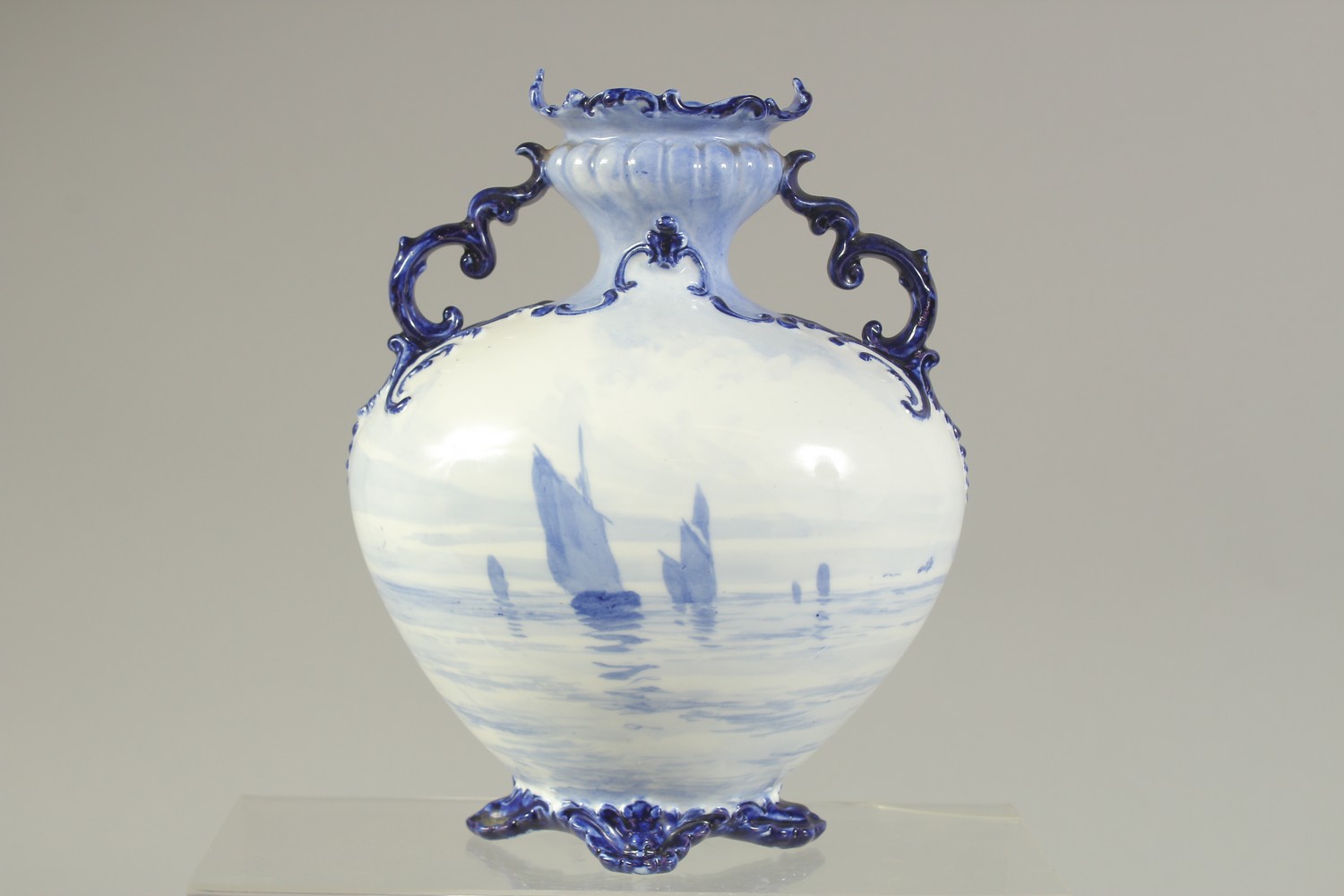 A ROYAL CROWN DERBY TWO-HANDLED VASE, painted with sailing vessels in blue, by WEJ Dean, date mark - Image 3 of 6
