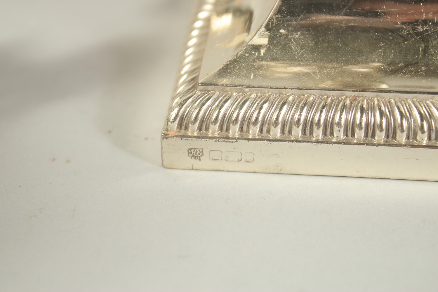 A GOOD PAIR OF TWO BRANCH SILVER CANDLESTICKS with coloums on square bases. 12ins high. London - Image 5 of 6