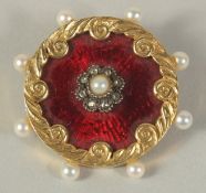 AN 18CT GOLD CIRCULAR BROOCH set with eight pearls. Maker: E. H.