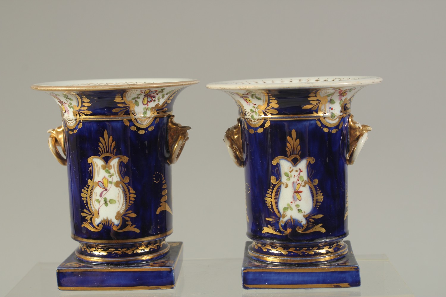 ENGLISH PORCELAIN SPILL HOLDERS, probably Chamberlains, painted with birds and flowers within cobalt - Image 2 of 3