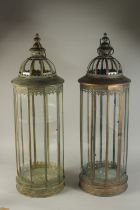 A LARGE PAIR OF COPPER ROUND LANTERNS. 34ins high.