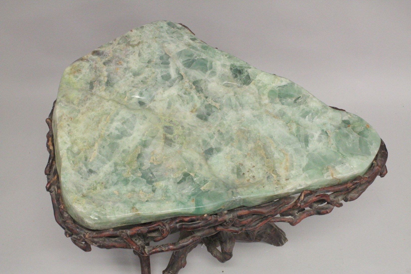 A SUPERB MARBLE TOP TABLE with rustic base. 2ft 4ins long, 1ft 10ins wide at the longest point. - Image 2 of 6