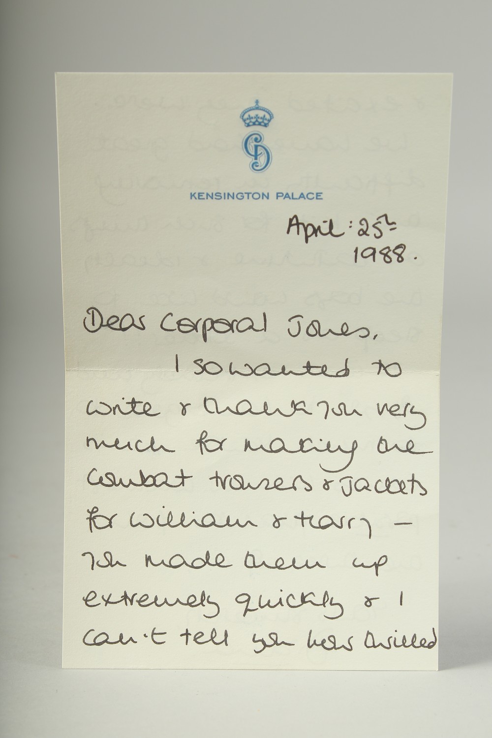 A HAND WRITTEN LETTER FROM PRINCESS DIANA TO LANCE CORPORAL OF HORSE, N. JONES, RHD/D. Dated April - Image 3 of 4