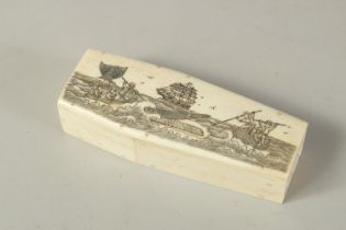 AN ETCHED BONE COFFIN AND SKELETON, lid etched with a whaling scene. 12cms high.