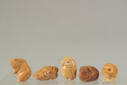 FIVE VARIOUS CARVED NUT NETSUKES.