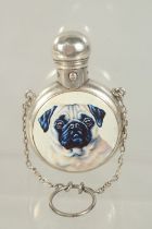 A VICTORIAN SILVER PUG DOG PERFUME BOTTLE. London 1887.