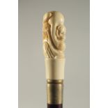 A CARVED BONE HANDLED WALKING STICK "MONKEY".