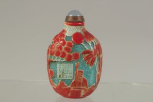 A GOOD CANTON ENAMEL SNUFF BOTTLE, with bamboo, buildings and cranes. 8cms long.