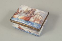 A GOOD 19TH CENTURY LORD NELSON PORCELAIN BOX the lid with a battle scene, the sides with a seascape