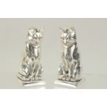 A PAIR OF SILVER PLATED DECO STYLE CAT SALT AND PEPPERS. 3ins