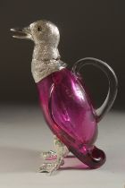 A SILVER PLATED AND CRANBERRY GLASS DUCK CLARET JUG. 11ins high.