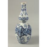 A DUTCH BLUE AND WHITE POTTERY VASE with floral panels. 14ins high.