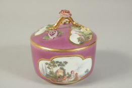 A MEISSEN PUCE GROUND SUGAR BOX the four cartouches painted in scenes of figures in a landscape, the