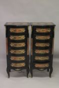 A GOOD PAIR OF BOULLE SIX DRAWER CHESTS. 3ft 9ins high x 1ft 8ins wide.