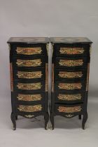 A GOOD PAIR OF BOULLE SIX DRAWER CHESTS. 3ft 9ins high x 1ft 8ins wide.