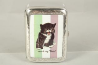 AN EDWARD VII SILVER CIGARETTE CASE with an enamel of a suffragette cat "I want my vot". 3.5ins x