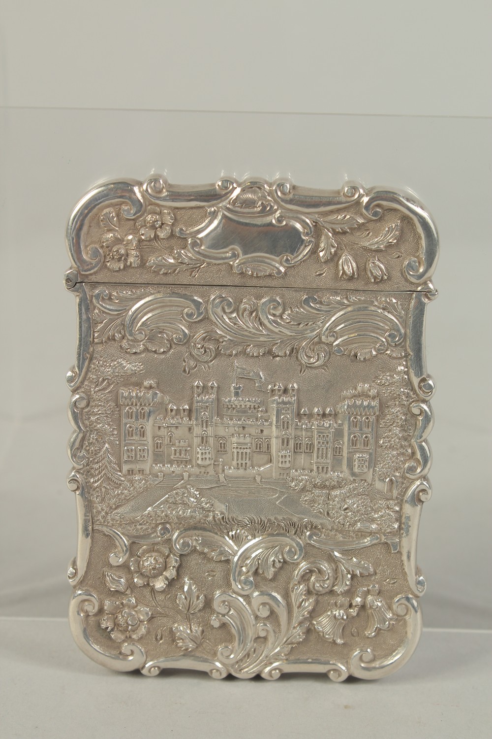 A NATHANIAL MILLS VICTORIAN SILVER CALLING CARD CASE "Windsor Castle" in relief. 3.5ins x 2.5ins