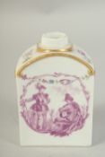 A TEA CADDY with two central cartouches painted in puce depicting figures from teh Commedia dell'