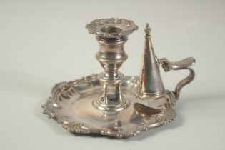 A WILLIAM IV SILVER CHAMBER STICK AND SNUFFER. Sheffield 1835. Maker: K W & C.