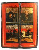 A 19TH CENTURY RUSSIAN ICON OF FOUR SAINTS. 26cms x 22cms