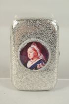 A VICTORIAN ENGRAVED SILVER CIGARETTE CASE with an enamel portrait of Queen Victoria. London 1905