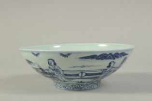 A CHINESE BLUE AND WHITE PORCELAIN BOWL, decorated with figures. 19cms diameter.