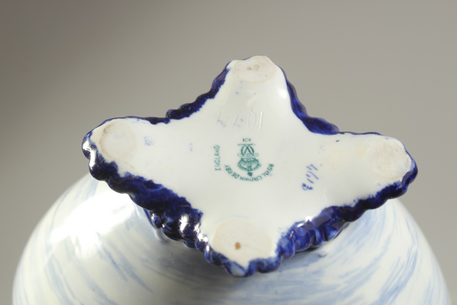 A ROYAL CROWN DERBY TWO-HANDLED VASE, painted with sailing vessels in blue, by WEJ Dean, date mark - Image 6 of 6