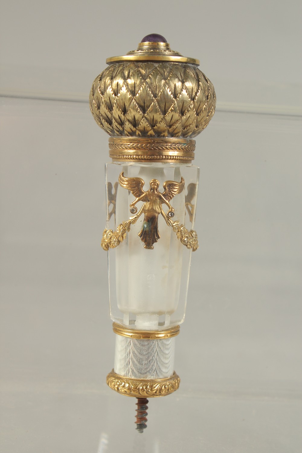 A SUPERB RUSSIAN SILVER GILT CRYSTAL AND ENAMEL WALKING CANE HANDLE. 11cms long, in a Faberge case. - Image 2 of 5