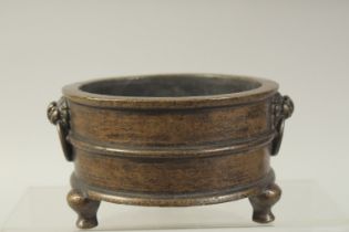 A CHINESE BRONZE TRIPOD CENSER, base with character mark, bowl 13cm diameter.