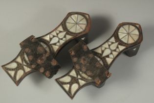 A PAIR OF TURKISH MOTHER OF PEARL INLAID WOODEN GLOGS.
