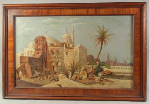 A LATE 19TH CENTURY ORIENTALIST SCHOOL OIL PAINTING ON CANVASS, depicting figures conversing on a