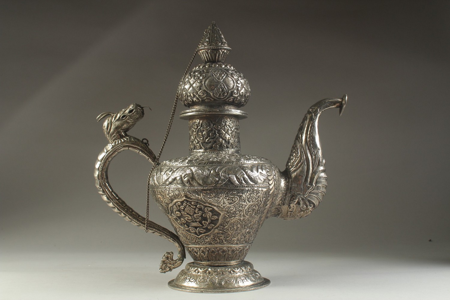 A LARGE CHINESE EMBOSSED AND ENGRAVED WHITE METAL LIDDED JUG, possibly low grade silver, decorated - Image 7 of 14