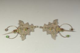 TWO FINE LARGE NORTH AFRICAN MOROCCAN OR ALGERIAN ENAMELLED SILVER CLOAK ORNAMENTS, 18.5cm long (