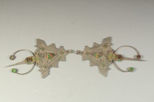 TWO FINE LARGE NORTH AFRICAN MOROCCAN OR ALGERIAN ENAMELLED SILVER CLOAK ORNAMENTS, 18.5cm long (