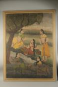 A VERY LARGE 19TH CENTURY INDIAN FABRIC PAINTING, depicting a scene with female figures by a
