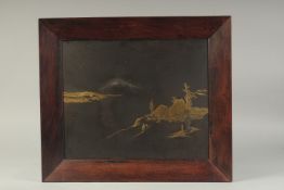 A FINE JAPANESE MEIJI PERIOD GOLD AND SILVER INLAID KOMAI IRON PANEL, depicting and landscape