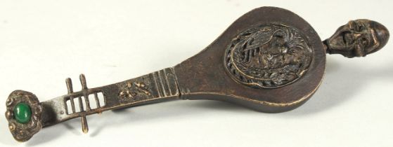 AN UNUSUAL CHINESE BRONZE PADLOCK, in the shape of a musical instrument, with stone inset ruyi and