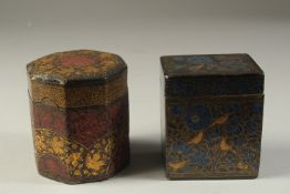 TWO LATE 19TH CENTURY ANGLO INDIAN KASHMIRI LACQUERED SIGNED TEA CADDYS, 'Ganemede', largest 9.5cm.