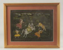 AN INDIAN PAINTING ON TEXTILE, depicting a hunting scene, framed and glazed, image 21cm x 28cm.