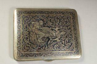 A VERY FINE SIAM THAILAND SILVER NIELLO CIGARETTE CASE, depicting a deity, weight 165g, 11cm x 8.