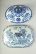 TWO CHINESE BLUE AND WHITE PORCELAIN TUREEN COVERS, one painted with a vase of precious objects