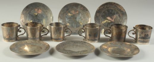 A RARE SET OF IRAQI NIELLO AND SILVER COFFEE CUPS AND SAUCERS, complete set, six of each, collective