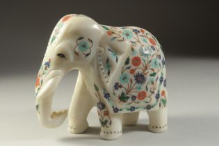 A VERY FINE 19TH-20TH CENTURY ANGLO INDIAN AGRA PIETRA DURA MARBLE ELEPHANT, inlaid with