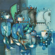 AMER AL OBAIDI (B. 1943), IRAQ: UNTITLED COMPOSITION with figures, horses, birds, oil on canvass,