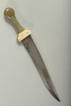 A FINE AND LARGE INDIAN JADE AND BONE HILTED DAGGER, with watered steel blade, 40cm long.